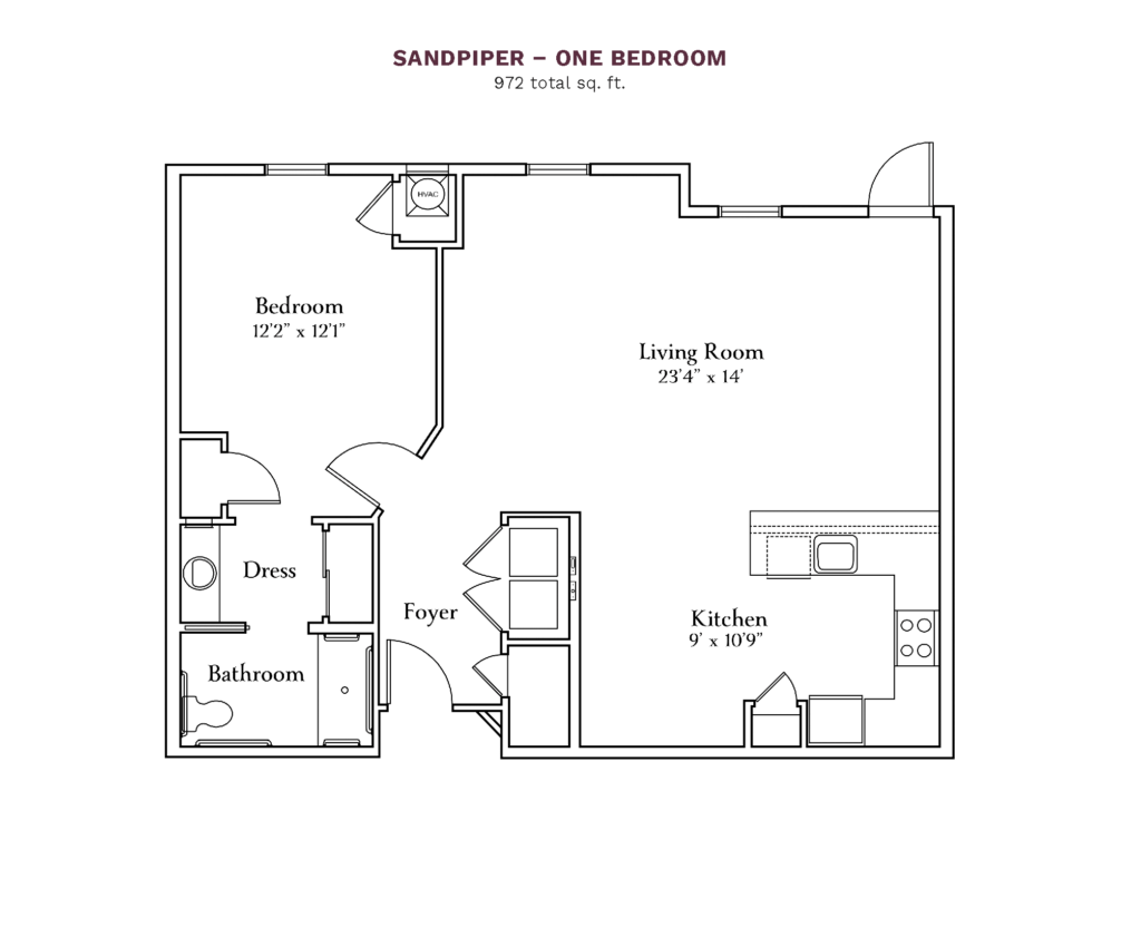 The Camellia at Deerwood layout for "Sandpiper - One Bedroom" with 972 square feet.